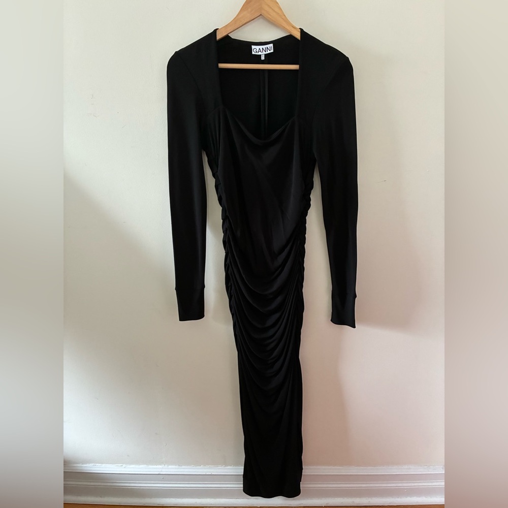 GANNI Ruched Slinky Square Neck Ruched Midi Dress Black Sz 38 Small Medium $395